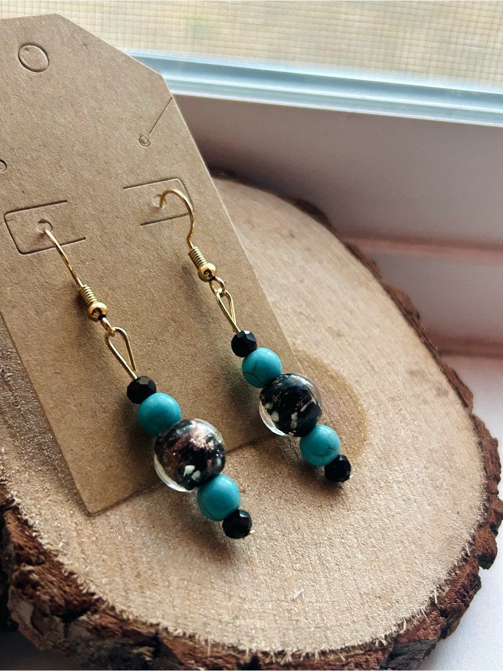 Handmade Turquoise Beaded Dangle Earrings | Southwestern Boho | Gold Black - Picture 3 of 4